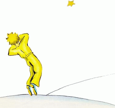 Le prince tombe doucement devant une étoile, comme dans un rêve